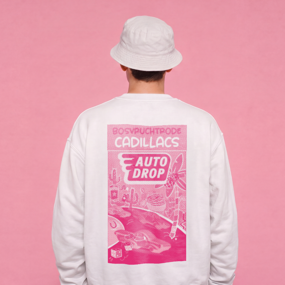 Witte Autodrop crewneck achterkant met roze Cadillacs-print