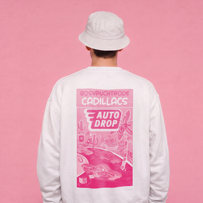 Witte Autodrop crewneck achterkant met roze Cadillacs-print